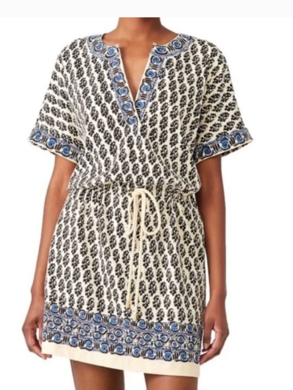 Tory Burch Womens Amara Guru Border Mini Dress L Drawstring Short Sleeve Cotton